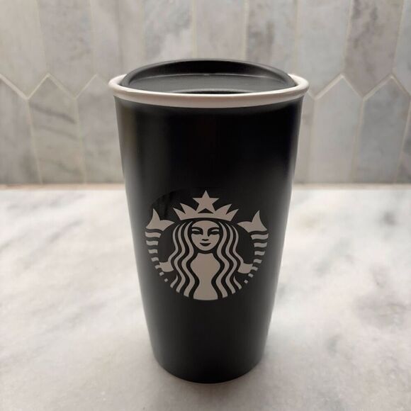 Vintage 2016 Starbucks Siren Mermaid Ceramic Travel Double Wall Tumbler 12oz Bla - Picture 1 of 5